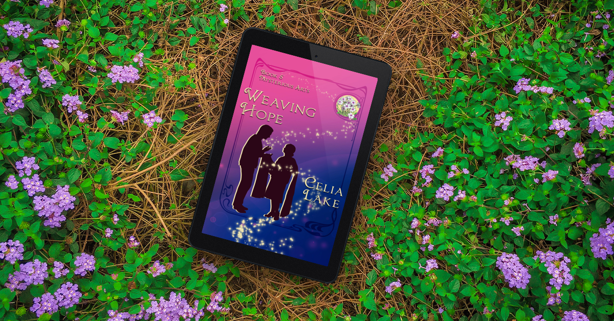 Cover of Weaving Hope on a tablet: A man and woman in 1920s informal clothing are silhouetted on a bright pink background shading to purple. She is holding out a length of cloth to him, showing him something, with phlox flowers inset in the upper right corner. The tablet is lying on a garden path with greenery and small flowers.