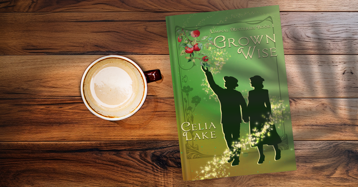 Grown Wise: A silhouetted man and woman in 1940s clothes, walking together as he reaches for a branch full of apples. The background is a muted green and brown, scattered with a swoosh of golden light. Shown on a wooden table with a mug of tea.