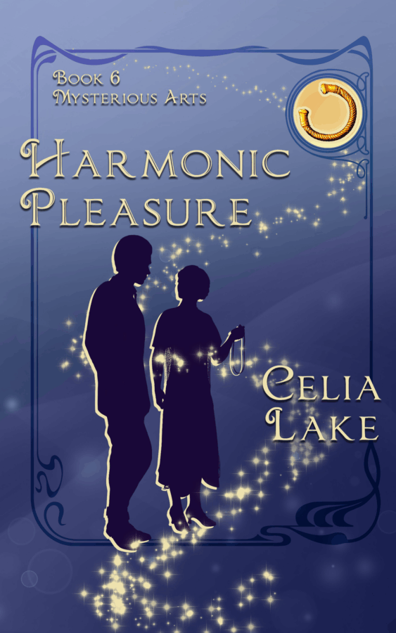 Cover of Harmonic Pleasure: a man and woman in 1920s dress silhouetted on a blue background. She holds an amulet in her hand as they speak to each other. A golden torc is inset in the top right corner.