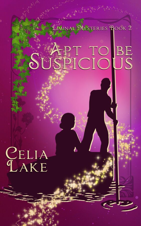 Apt to be Suspicious is a deep red-wine purple. A silhouetted man poling a punt and a woman, her back to the viewer, watching him, are framed by ivy and swirling magical stars.