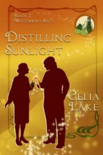 Distilling Sunlight: A man and woman in 1920s clothing - he has a peaked cap - stand silhouetted on a glowing golden and amber background swirled with stars. They're holding bottles of beer, the same gold as the background, with hops and other ingredients inset in the upper right corner.