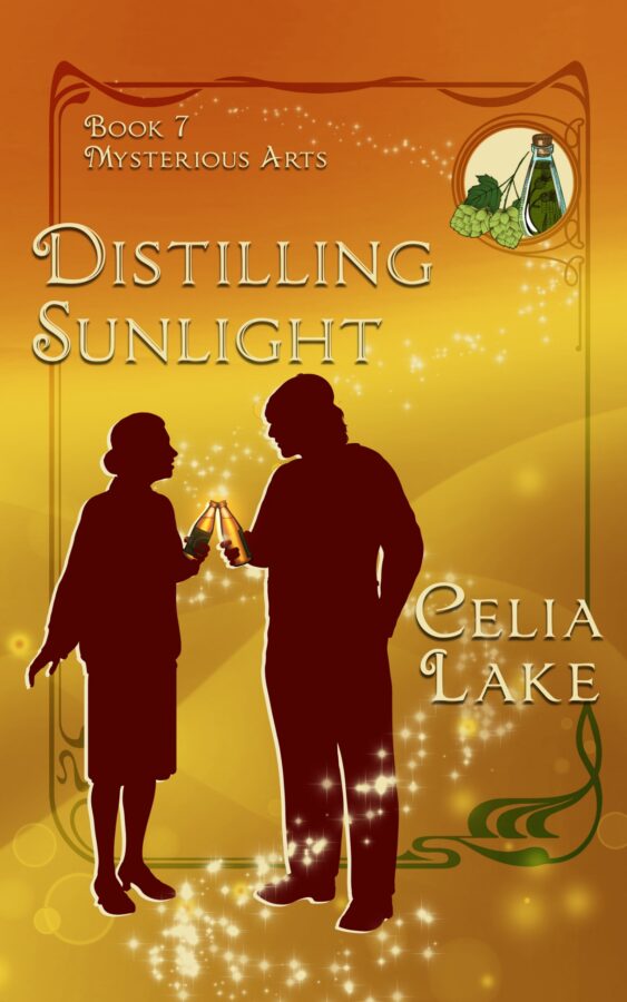 Distilling Sunlight: A man and woman in 1920s clothing - he has a peaked cap - stand silhouetted on a glowing golden and amber background swirled with stars. They're holding bottles of beer, the same gold as the background, with hops and other ingredients inset in the upper right corner.