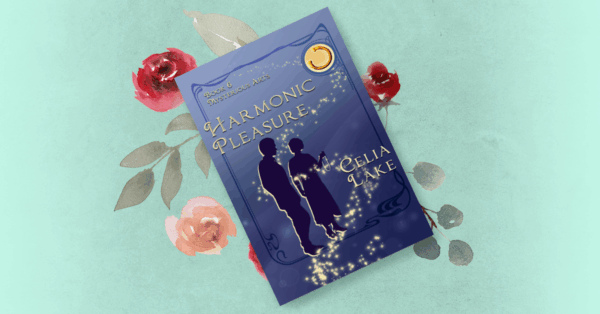 Harmonic Pleasure on a pastel teal green background with flowers. On the cover, a man and woman in 1920s dress are silhouetted on a blue background. She holds an amulet in her hand as they speak to each other. A golden torc is inset in the top right corner. 