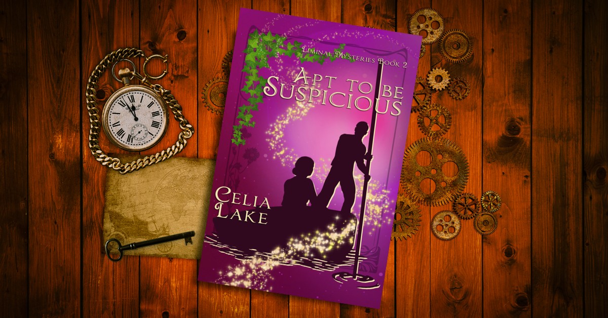 Apt to be Suspicious resting on a wood desk, with a pocket watch, small notebook, and miscellaneous brass gears. Apt to be Suspicious is a deep red-wine purple. A silhouetted man poling a punt and a woman, her back to the viewer, watching him, are framed by ivy and swirling magical stars.