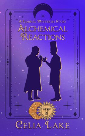 Alchemical Reactions - Two men silhouetted in dark purple on a purple shaded cover. One man has long hair half pulled back in a small bun, wearing a long academic robe over a suit, the other has a tall chef's hat and apron on over his clothes. He's handing a croissant to the first man, who is reaching out to take it. The cover shades through dark purple to lavender, a stylised moon at the top, points down towards a croissant and a sun at the bottom.