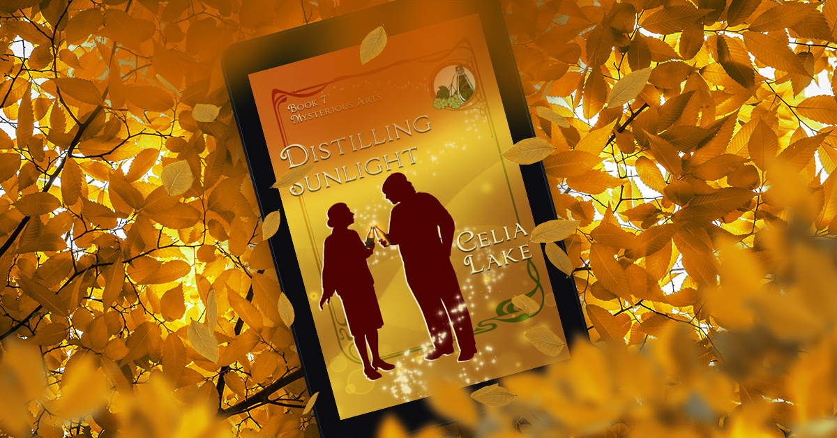 Distilling Sunlight on a tablet lit by golden light on yellow leaves. A man and woman in 1920s clothing - he has a peaked cap - stand silhouetted on a glowing golden and amber background swirled with stars. They're holding bottles of beer, the same gold as the background, with hops and other ingredients inset in the upper right corner. 