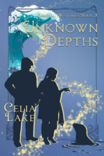 Cover of Unknown Depths: A man and woman silhouetted against a blue background with a wave rising up above them. They are looking down, in conversation with a seal. He wears a peaked cap, jacket, and boots, while she has a long braid down her back and is wearing a shalwar kameeze with a bit of her dupatta hanging over her arm.