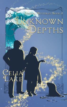Cover of Unknown Depths: A man and woman silhouetted against a blue background with a wave rising up above them. They are looking down, in conversation with a seal. He wears a peaked cap, jacket, and boots, while she has a long braid down her back and is wearing a shalwar kameeze with a bit of her dupatta hanging over her arm.