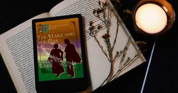 Cover of The Hare and the Oak. A man and woman silhouetted on a brown and green background. She wears a dress with long sleeves and calf-length skirts, he wears a suit and half-cloak. A hare leaping out of an oakleaf is inset in the top left. It is resting on an open book with small dried flowers across the book.