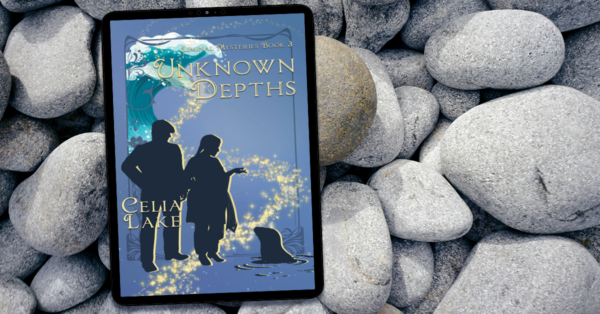 Unknown Depths: A man and woman silhouetted against a blue background with a wave rising up above them. They are looking down, in conversation with a seal. He wears a peaked cap, jacket, and boots, while she has a long braid down her back and is wearing a shalwar kameez with a bit of her dupatta hanging over her arm. It's displayed on a tablet sitting on a bed of smoothed rocks.