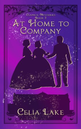 A deep vibrant purple background with three figures in 1860s Victorian dress, two women and a man. One of the women is reaching out her hand to the man at the right, with a large country house silhouetted below them. They're surrounded with a swirl of stars.