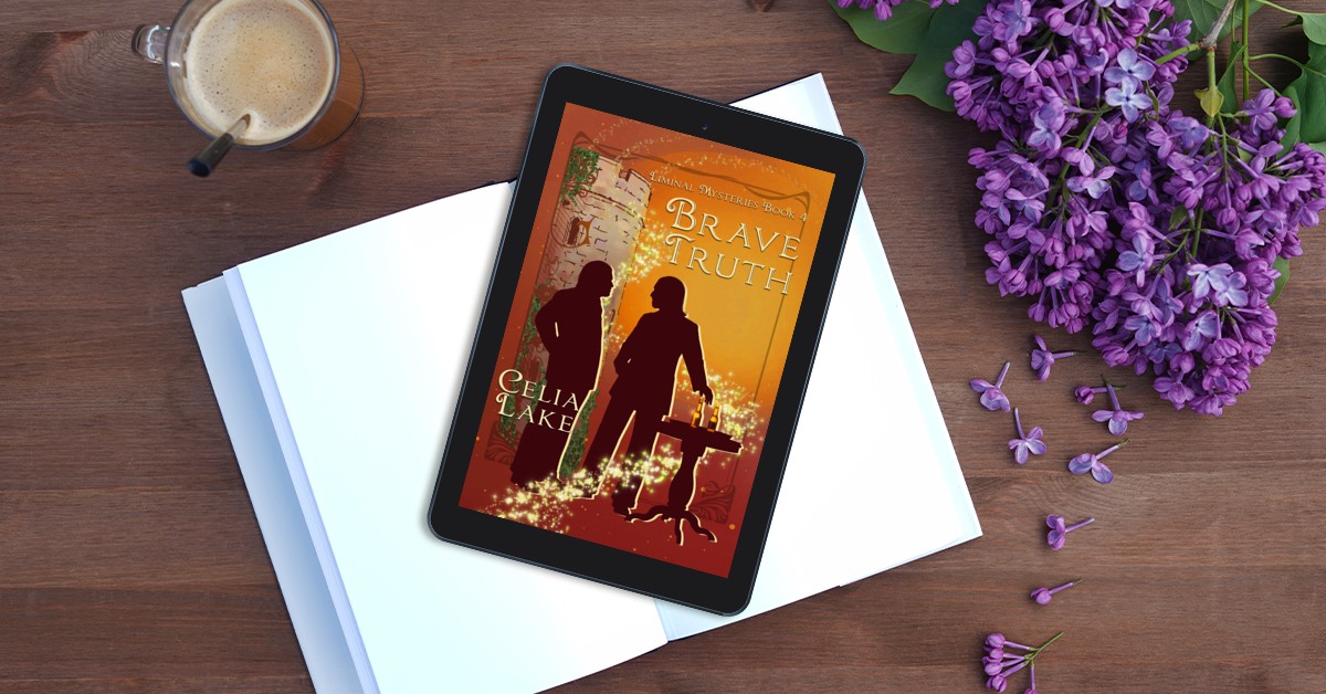 Brave Truth on a tablet, laying on a table on top of a blank notebook, with a cup of coffee and some lilacs nearby. The cover has two men in suits, cut for 1950, silhouetted on a bright orange and red background with a stone tower behind them. The man on the left is stockier, hands grasped behind his back, the slighter man in the centre stands ready to move in any direction, one hand reaching for bottles of amber cider on a table to the right. Stars circle around them.