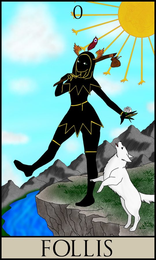 The Howard Tarot : Follis, the Fool The card depicts a silhouetted figure, about to step off a cliff wtih a white dog rearing up. The figure holds a stick with a bag hanging off the end over their shoulder and wears a cap with two feathers - like the ones on Mercury's sandals , and holds a single white rose in their hand.