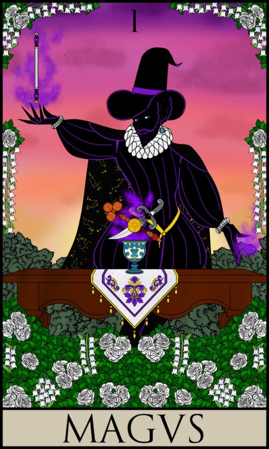 The Howard Tarot : Magus, The Magician : A silhouetted man in Elizabethan court dress looks directly at the viewer. His clothing and broad hat are outlined in purple, his cloak lined in constellations against black. He levitates a small wand in his right hand, his left reaching down, both wreathed in purple smoke. On the wooden table in front of him is a chalice in blue and cream holding a curved blade, a golden talisman, and three coins and a wooden wand. The figure is surrounded by white roses and lily of the valley plants that climb the edges of the frame.