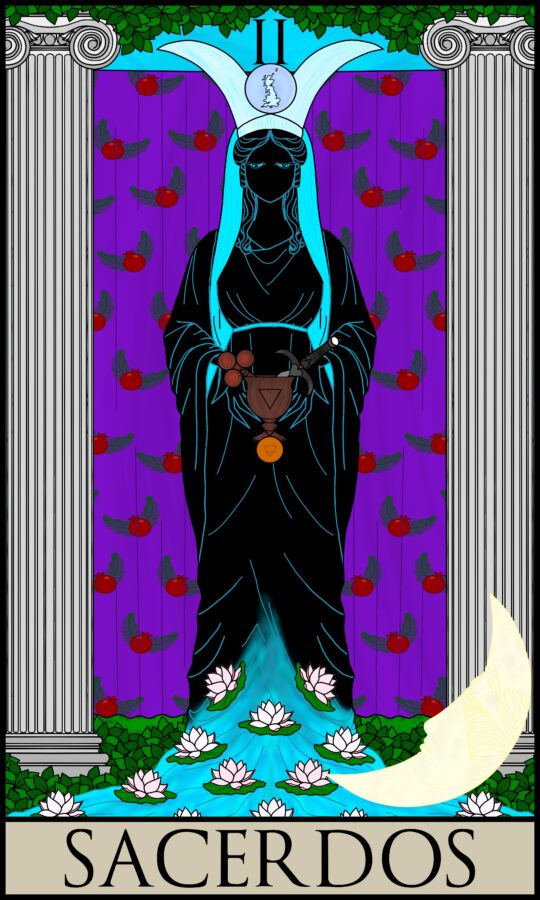 The Howard Tarot : Sacerdos, The High Priestess A figure in black, eyes and robes outlined in teal blue that matches her veil and the sky in the upper background. She holds a wooden goblet with a baton or wand, a dagger, and with a coin suspended from the stem. Her robes cascade down to reveal a river of the same teal coming from her robes, abundantly covered with lotus flowers. She stands in front of a curtain held between two white Ionic pillars, with a row of foliage running along the top of the card. The curtain has pomegranates flanked by palm leaves, looking like they are flying. On her head, the Priestess wears a crown with two horns sweeping outwards in a paler teal than the sky and veil. In the centre is a circle with Great Britain picked out in pale teal, on a pale blue background. A crescent moon with a face lies in the bottom right of the image, looking up towards the priestess.