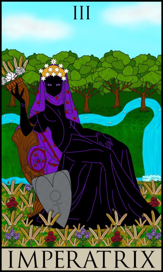 The Howard Tarot : Imperatrix, the Empress. A silhouetted woman seated on a wooden throne, the ground around her surrounded with poppies, wheat, and mint. She holds up a cornucopia full of wheat, white roses, and a lotus blossom in her right hand, while a river and orchards are visible behind her. The pomegranate pattern on her veil and the cushions of the throne harken back to the curtain behind the High Priestess.